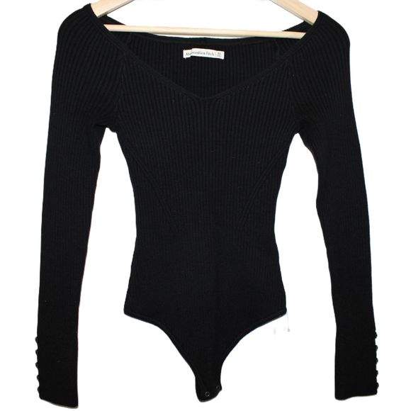 Womens Abercrombie & Fitch Black Ribbed Knit V-Neck Long Sleeve Bodysuit Size XS - Picture 1 of 7